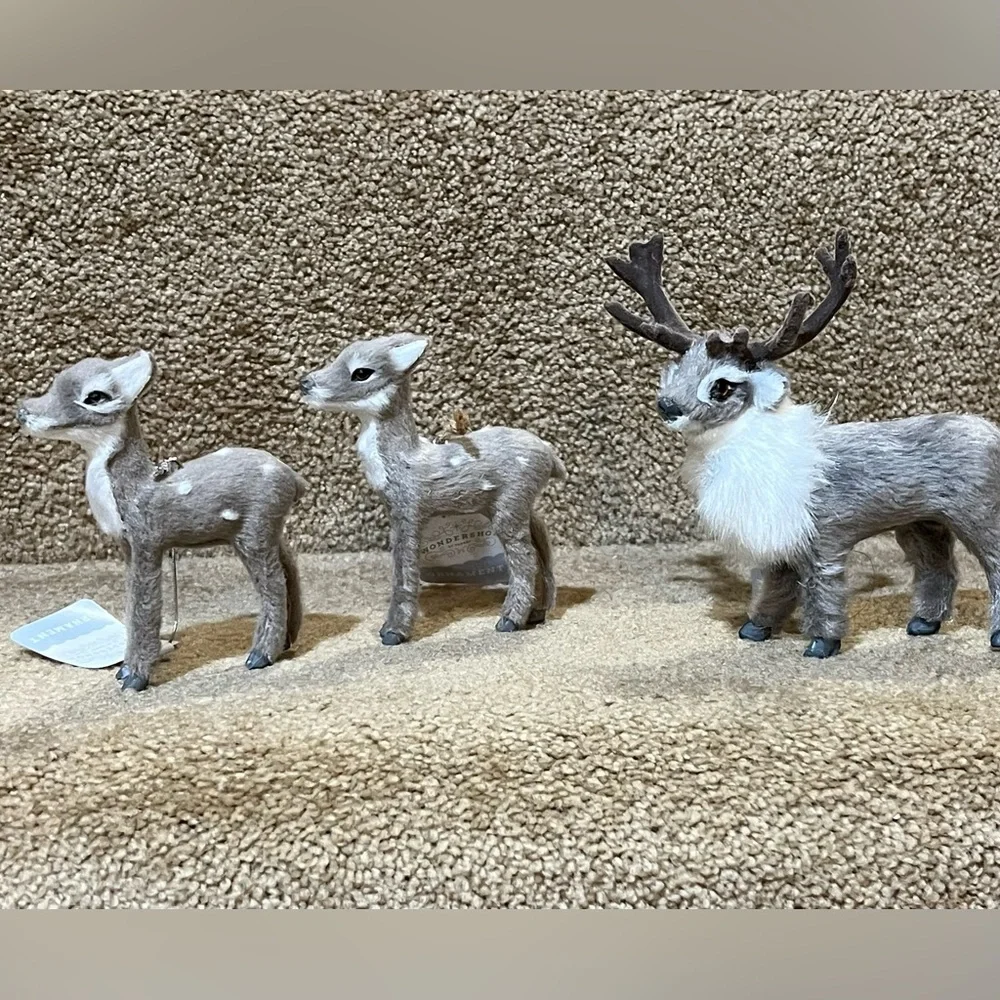 White Flocked Reindeer Lot of 3 Grey Christmas Ornaments Target Wondershop NEW